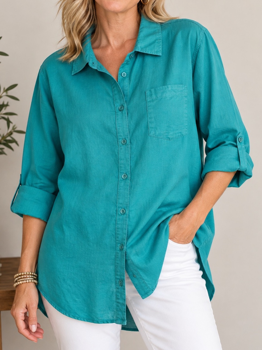 Linen Cotton Northern Reflections XL Teal Button Up Tunic Shirt Roll Tab Sleeve